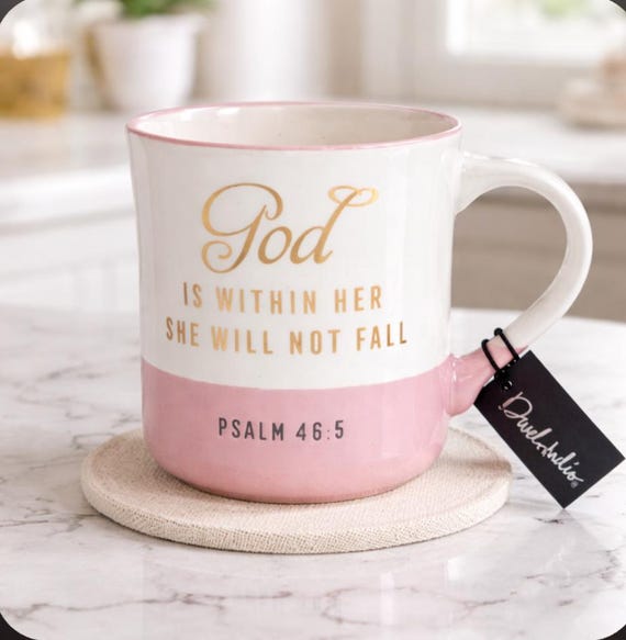 Christian Mug: Pink & Gold "God is Within Her", 20 oz