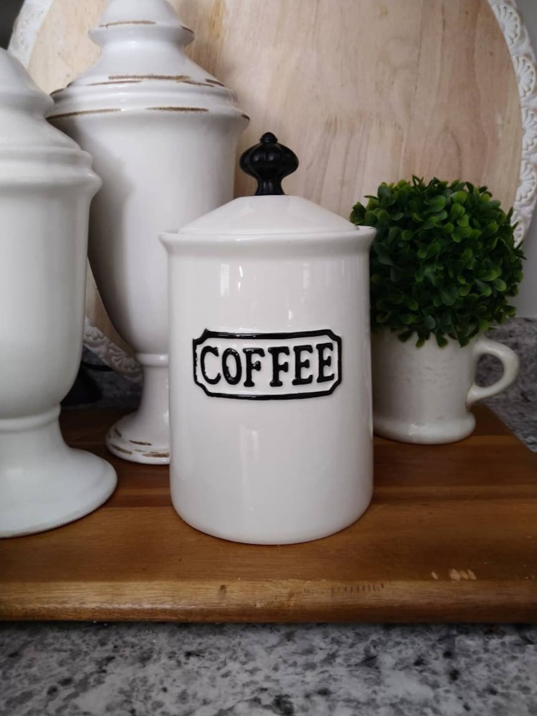 White Coffee Canister With Lid, Coffee Storage Jar, Crown Knob on Lid ...