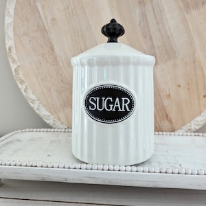 THL Sugar Canister ,  THL French Sugar Storage Crown Knob , Black White Ridged Sugar Jar ,  Cottage Core Fluted  Sugar Canister