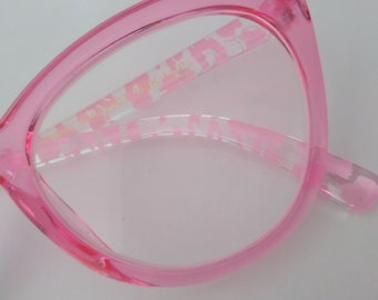 Cat Eye Reading Glasses +2.00 by Betsey Johnson , Pink Translucent Frame Floral Arms Readers ,  Oversized Pinup Girl Magnifiers for Women