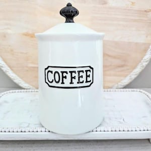 White Coffee Canister Crown Black Knob ,  THL Coffee Storage , Ceramic Coffee Container , French Country Coffee Canister , Cottage Core Jar