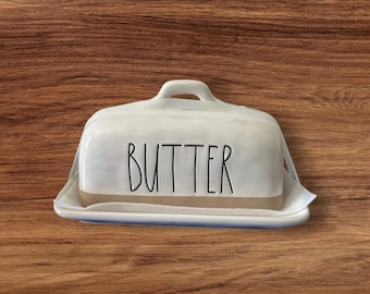 Rae Dunn White Covered "Butter" Dish with Tray , Farmhouse Butter Storage Dish 2 Piece Set , Ceramic Butter Container Decor , Hostess Gift