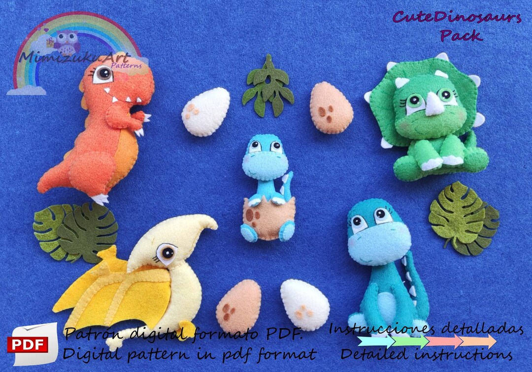 Dinosaurs Felt Pattern, Dinosaur Pattern Sewing, Cute Felt Dinosaur ...