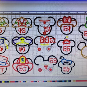 May include: A grid of embroidered Mickey Mouse head designs, each with a unique hat or accessory. Designs include a safari hat, graduation cap, nurse's cap, firefighter helmet, and chef's hat. Numbers 45-58 are embroidered below each design.