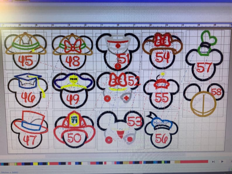 May include: A grid of embroidered Mickey Mouse head designs, each with a unique hat or accessory. Designs include a safari hat, graduation cap, nurse's cap, firefighter helmet, and chef's hat. Numbers 45-58 are embroidered below each design.