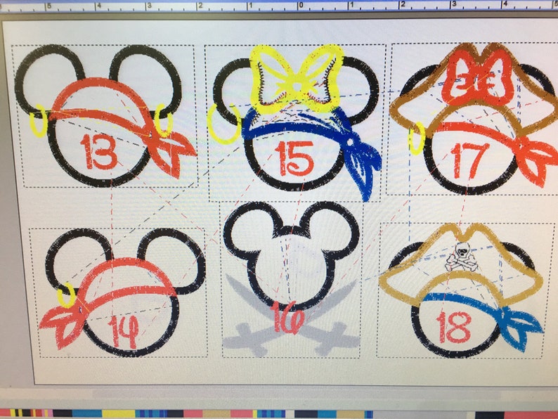May include: A print featuring six Mickey Mouse head outlines, each with a unique design. Some are pirate-themed with bandanas and earrings, while others have bows and pirate hats. Numbers 13, 14, 15, 17, and 18 are visible.