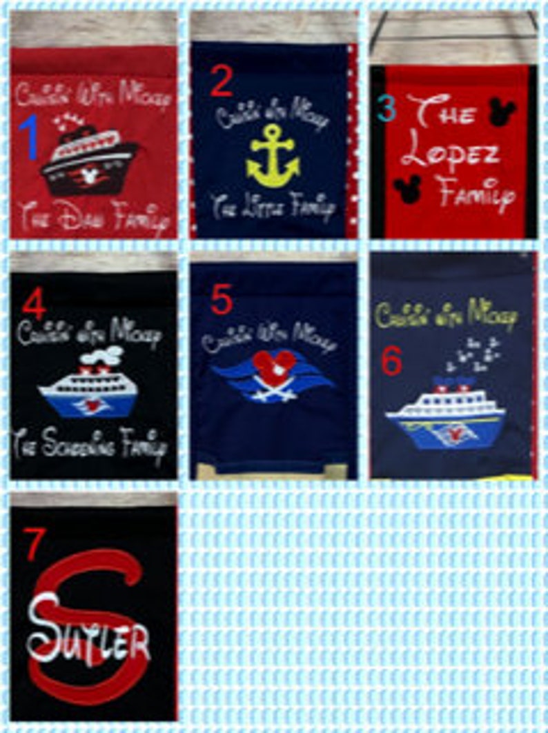 May include: A collection of seven personalized flags with various designs and text. The flags feature cruise ship and anchor motifs, with names like "The Dow Family" and "The Lopez Family" embroidered on them. The flags are in red, blue, and black.