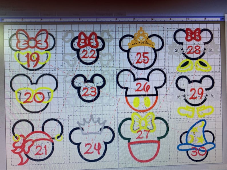 May include: A grid of Mickey Mouse head designs with various accessories and numbers. Designs include bows, glasses, crowns, and hats. Each design is outlined in black with red, yellow, and blue accents. Numbers 19-30 are visible.