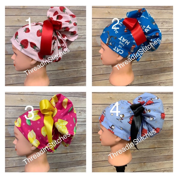 High Bun Scrub Cap Hat, Bun Scrub hat, Strawberry, Cat in Hat, Lemon,  Snoopy