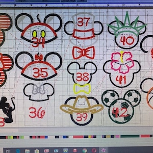 May include: A digital image featuring various Mickey Mouse head designs. Each design is uniquely decorated, including patriotic themes, a chef's hat, a baseball, a basketball, and more. Numbers are included with each design.