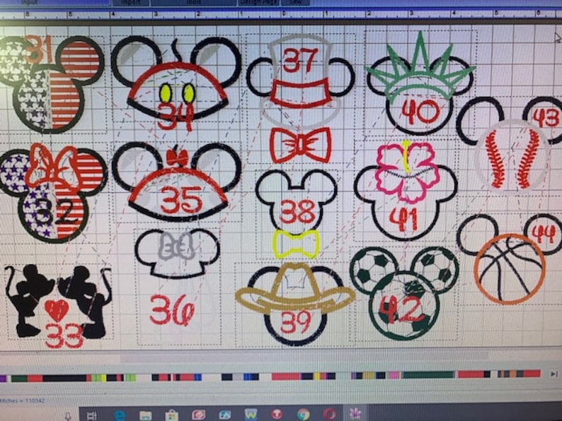 May include: A digital image featuring various Mickey Mouse head designs. Each design is uniquely decorated, including patriotic themes, a chef's hat, a baseball, a basketball, and more. Numbers are included with each design.