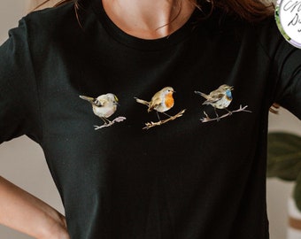 Watercolor Bird T-Shirt: Robin, Bluethroat, Goldcrest Illustration