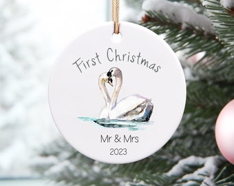 First Christmas as Mr & Mrs ceramic ornament with love swans watercolor swan lake romantic ornament white Christmas tree decor just married