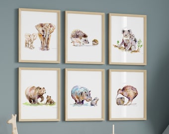 Animal family prints mother and baby nursery art father an child kiwi elephants bear hedgehog hippo's koala family wall art nursery gift