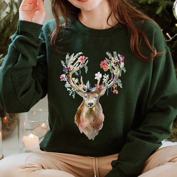 Kersttrui hert gewei en bloemen Kerstmis sweater dieren trui hert portret groot gewei herfst trui elegante winter trui Michelle Dujardin