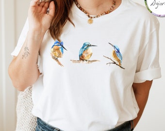 Kingfisher T-shirt – Blue Watercolor Bird Design | Unisex Nature-Inspired Shirt by Michelle Dujardin