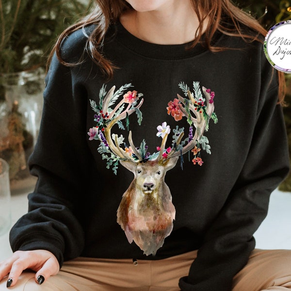 Herfst en winter trui met Hert en versierd gewei Kersttrui herfsttrui met aquarel hertenkop sweater romantisch hert Bohemian stijl trui EU