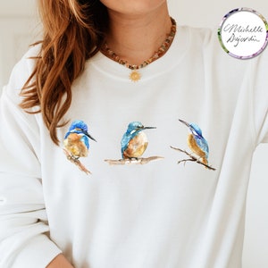 Unisex sweatshirt with 3 kingfishers art warm sweater with kingfisher birds blue orange beautiful bird watercolor shirt gift ornithologist