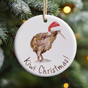 Kiwi Christmas ornament tree decoration for New Zealanders NZ kiwi bird with Santa hat circle ceramic decor funny kiwi&#39;s gift watercolour