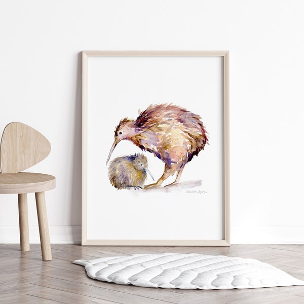 Mother and Baby Kiwi bird Art Kiwi chick watercolour painting wall art print New Zealand animal family nursery art NZ wildlife parent child