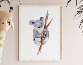 Koala Art, Koala watercolor painting, koala illustration by Michelle Dujardin, Australian Animal print, koala nursery wall art lilac grey