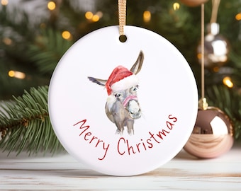 Donkey Santa Hat Christmas Ornament, Funny Watercolor Farm Animal Gift