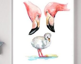 Baby flamingo Art - flamingo watercolor painting - art print - Nursery flamingo Art - nursery painting -  baby animal - flamingo print