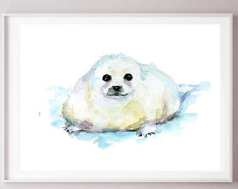 Baby Seal art - seal Watercolor painting - Art Print - yellow blue Nursery Animal Painting - baby seal illustration - animal decor