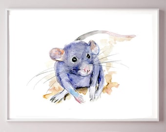 Baby rat art, rat Watercolor painting, Fine Art Print, ratatouille illustration, Nursery Animal Painting, cute baby rat for babyroom poster