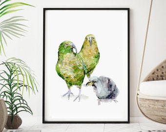 Baby Kea bird Art, kea watercolor painting, Fine art print, New Zealand nursery Art, Kea watercolor painting, mother and baby animal, canvas