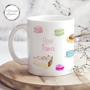 Kubek do kawy French Bakery Kocham Francję z makaronikami Croissant Bagietka Filiżanka do herbaty French Pastry dla miłośników Francji Prezent dla piekarza Prezent urodzinowy