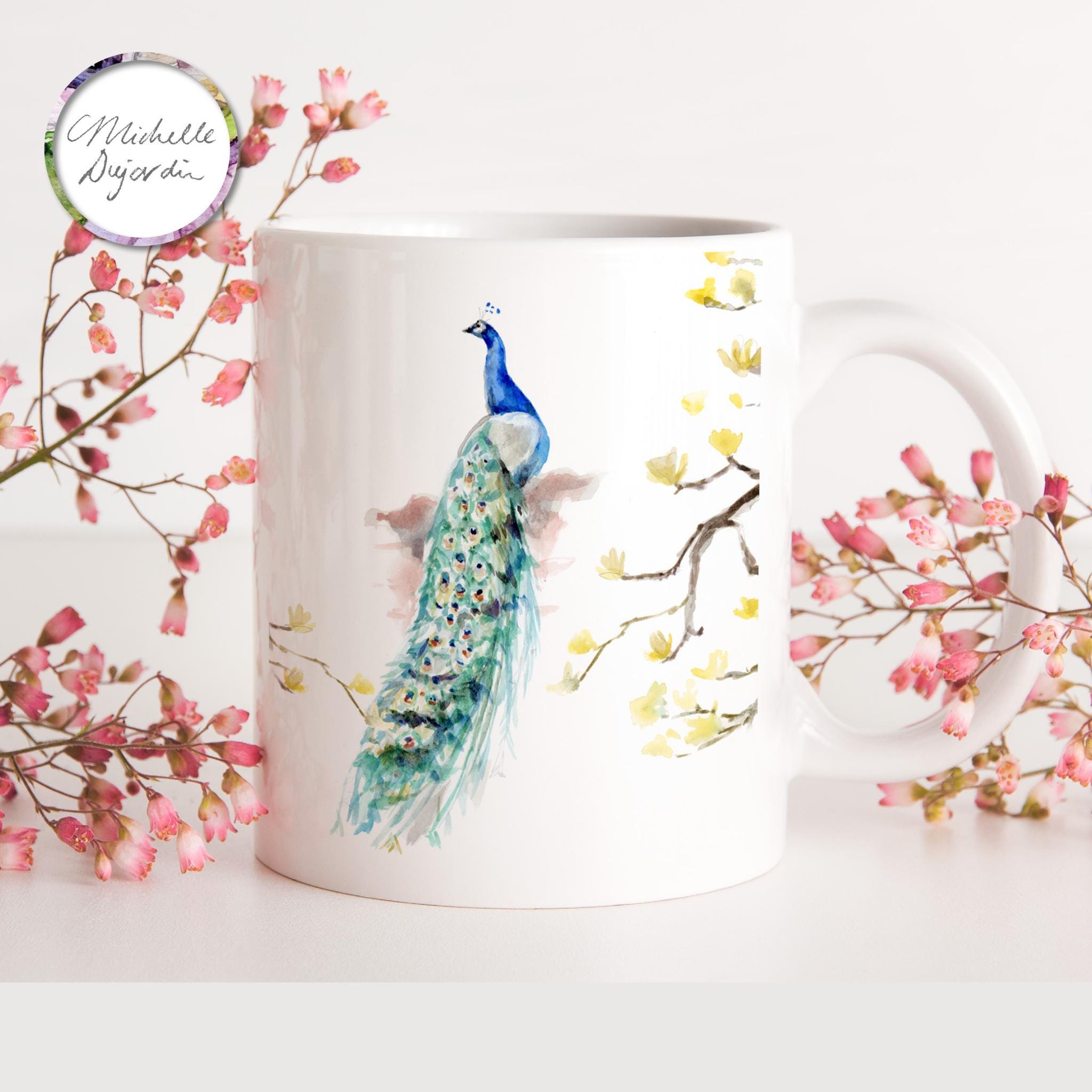 Beautiful Asian Style Peacock Bird Mug with Yellow Flowers Blue Green Proud Peacock Watercolor Tea Mug Gift for Bird Lovers Elegant Birds EU