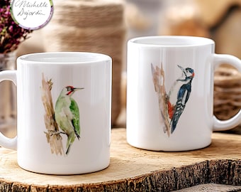 Taza de café con pintura de acuarela de pájaro carpintero, regalo para amantes de las aves