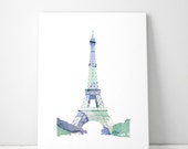 Eiffel tower watercolor illustration - Giclee Print - blue Paris watercolour - City Painting  Modern Abstract decor Paris art Eiffel tower