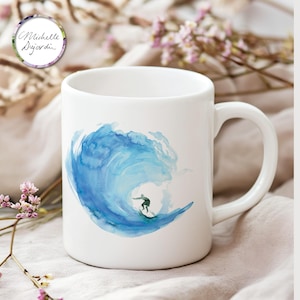 Surf Mug Gift Surfer blue wave watercolor coffee cup surf boarding beach house decor surf decoration surfing tea cup gift ocean ceramic mug