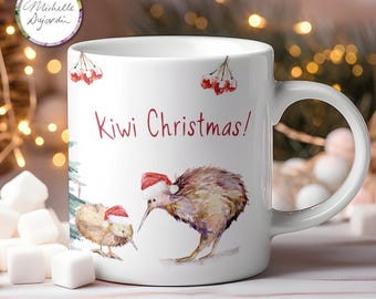 Kiwi Birds Christmas Mug Animal family Gift Ceramic Coffee Mug New Zealand Kiwi family animals Funny Xmas gift mug Tea cup birds santa hat