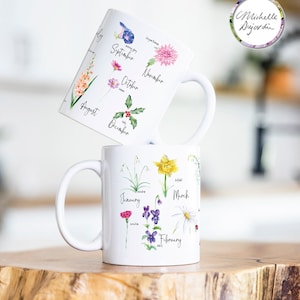 Ceramic coffee mug Birth flower illustrations Gardening gift botanical mug birthflower watercolors floral teacup gift for mom or grandmother