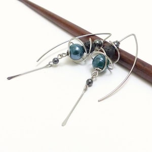 Blue/green earrings with large ceramic hooks, stone and surgical steel GC6 image 1