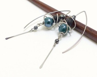 Blue/green earrings with large ceramic hooks, stone and surgical steel (GC6)