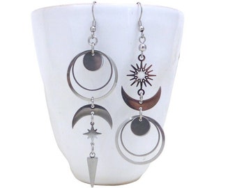 Long mismatched asymmetrical earrings, crescent moon, sun, star, stainless steel (BO36)