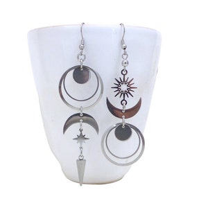 Long mismatched asymmetrical earrings, crescent moon, sun, star, stainless steel (BO36)