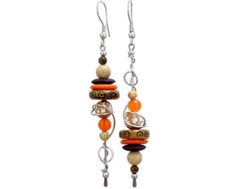 Inverted asymmetrical tribal earrings, ethnic beads, natural stone and stainless steel (BO37)