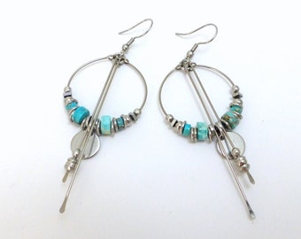 Boucles d'oreilles créoles modernes, turquoise et acier inoxydable  (BO35)