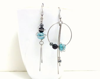 Mismatched asymmetrical blue, black, ceramic, hematite, lava and stainless steel earrings (BO34)