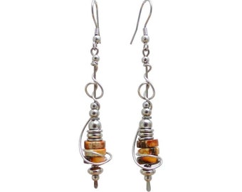 Beige imperial jasper and stainless steel earrings (BO8)