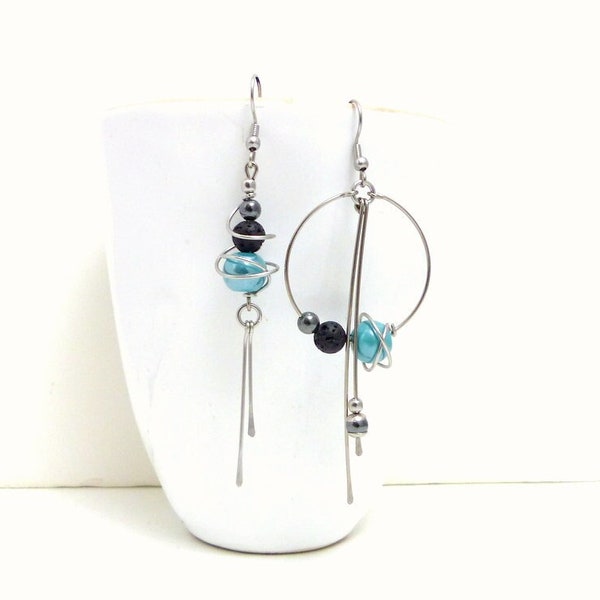 Mismatched asymmetrical blue, black, ceramic, hematite, lava and stainless steel earrings (BO34)
