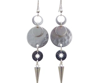 Modern long dangling earrings, star, spike, stainless steel (BO37)