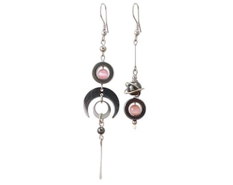 Modern Mismatched Earrings, Pink Cat's Eye Hematite, Crescent Moon, Stainless Steel (BO30)