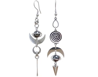 Asymmetrical mismatched long earrings, crescent moon, spiral, tip/cone, hematite and stainless steel (BO37)