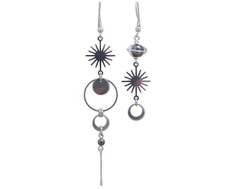 Boucles d'oreilles longues dépareillées asymétriques, étoile soleil, hématite et acier inoxydable (BO6)